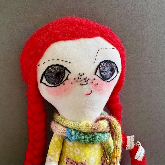 Red Haired Hand-Embroidered Fabric Art Doll - Picture 5 of 7